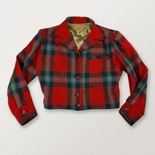 Vtg 1950s Concordia Plaid Wool Cropped Jacket Winnipeg Canada Red Green S/M picture