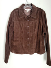 A.M.I. Vintage Leather Jacket Suede Brown Knit sleeves button front size L picture