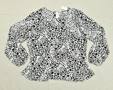 LOFT Womens Size 12 Black White Abstract Print Long Sleeve Peplum Blouse Top NWT picture
