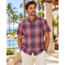 Original Penguin Mens Plaid Short Sleeve Button Down Heritage Slim Fit Large Red picture