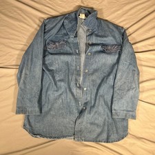 Vintage Saint Germain Paris Denim Shirt Butterfly Embroidered Blue Large USA picture