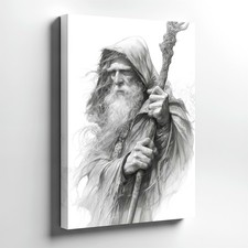 Wall Art Wizard Hooded Portrait Fantasy Old Man Staff Black White Poster Print picture