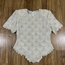 Vintage Laurence Kazar Shirt Womens Large White Beaded Sequin Tunic Top Gatsby picture