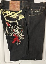 Y2K Men's Ed Hardy Denim by Christian Audigier Wolf Embroidered Size 38x32 picture