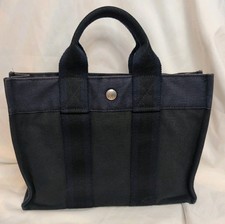 Vintage Hermès Fourre Tout PM Tote Canvas Bag Black & Navy Authentic  picture