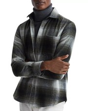 REISS Jacket Mens Large Green Check Wool Blend Overshirt Plaid Shaket DAYTONA picture