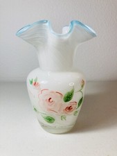 Fenton - Vintage Swirl 6” Glass Vase - Hand Painted Roses Ruffled Blue Crest picture