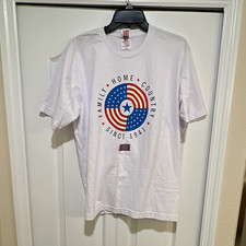 Bayside Men’s L White Graphic Logo Cotton Knit Crewneck T-Shirt Preshrunk picture
