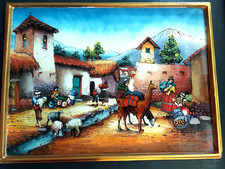 Vtg Peruvian Reverse Painted signed folk art South American Peru village 12x16
