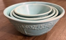 Vintage 1930s Homer Laughlin Apple Tree Nesting Mixing Bowls Aqua Blue Set of 4 picture