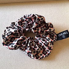 CHANEL Pink White & Black Logo Print Fabric Hair Scrunchie Hair Tie picture