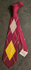 Vintage 1940s Argyle Print Mens Silk Tie Burgundy Art Deco Swing Rockabilly  picture