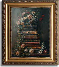 Framed Vintage Floral Wall Art - Moody Flowers Books Art Oil Painting, Vintage W picture