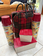 True Vintage 1950s Red Plaid Canvas Duffle Bag, Extra Compartments, 40L Thermos picture