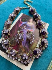 Vintage Amethyst Statement Necklace Earrings Set Victorian Purple Crystal picture