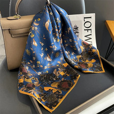 68*68cm 100% Silk Scarf Women Vintage Blue Leaves Kerchief Square Bandana Wrap picture