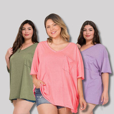 Plus Size Women Zenana V Neck Boyfriend Raw Hem T Shirt Front Pocket Top 1X - 3X picture