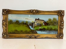 Antique Reverse Painted Glass Old Homestead by the River Framed picture