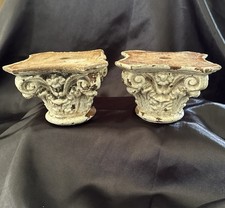 Antique Pair Carved Wood Corinthian Column Capitals Architectural Salvage 5.25” picture