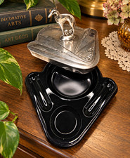1930s Weidlich Brothers Silverplate Dog Trinket Box Black Glass Vanity Dish 684 picture