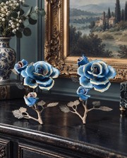 Vintage Pair Handmade Ceramic Blue Roses Metal Branch Floral Decor Gold Accent picture