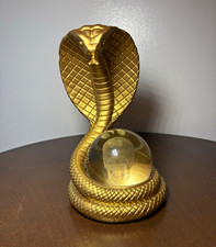 Gold Metal Cobra Snake Figurine w/ Clear Glass Crystal Ball, Free Standing picture
