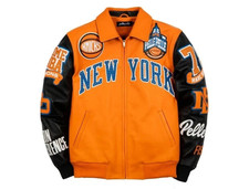 Men's Orange Black Leather Varsity Jacket Pelle Pelle Style Bomber Coat Zip picture