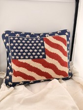 Vintage American Flag Needlepoint Pillow Patriotic Stars Stripes Americana Decor picture