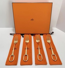 Hermès Grand Attelage Silverware Dinner Forks 18k Gold Plated 4PC $3,480 MSRP picture