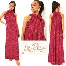 NWT $498 Lilly Pulitzer Florian Silk Maxi Dress 2,4,10,14 Fish Clip Chiffon Red picture
