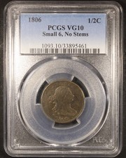 1806 Draped Bust Half Cent (Small 6, No Stems) - 1/2c PCGS VG10 - Nice Example picture