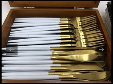 Vintage / Modern Gold Tone & White Cutlery Set in Wooden Box + 14 Cloth Napkins picture