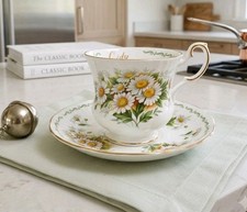 Vintage Queens Bone China October Daisy Teacup Saucer Set Rosina England Gilt picture