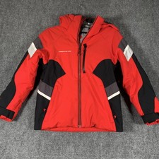 Obermeyer Ski Jacket Youth 8 Red Black Colorblock Hooded Insulated Ski Winter picture