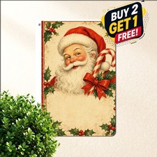 Vintage Santa Claus Candy Cane Sign Festive Holiday Christmas Store Metal Plaque picture