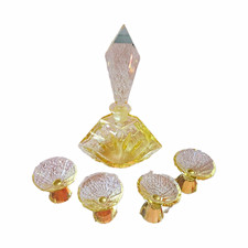 Vintage Yellow Clear Art Deco Decanter with Stopper and 4 Glasses set READ picture