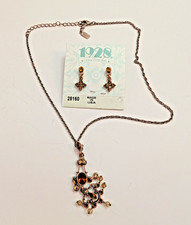1928 Brand Set Copper Tone Rhinestone Earrings Necklace 18.5