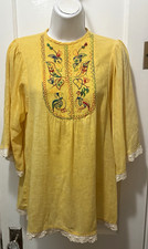 Vtg 70s DAFFY CALIFORNIA Yellow Embroidered Boho Lace Hippie Cotton Top Blouse M picture