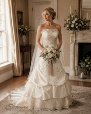 Vintage Oleg Cassini Champagne Lace Beaded Strapless Wedding Dress 2 Stlye C2239 picture