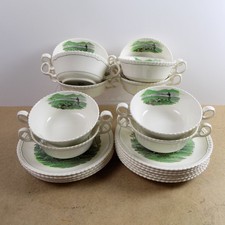 10 Spode Hunt Scenes (Green Ring) Cream Soup Bowls & Saucers Vintage England picture