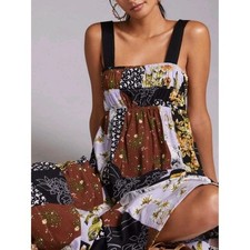 Anthropologie Maeve Floral Patchwork Midi Dress in Brown Black White Yellow S picture