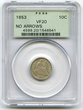 1853 Seated Liberty Silver Dime PCGS VF20 No Arrows - Green Label - R811 picture