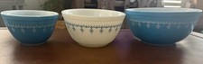 Vintage Pyrex Snowflake Garland Blue White Mixing Bowls Set 3 Pcs 401 402 403 picture