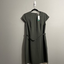 H&M Women's Green Belted Pencil Dress Large Cap Sleeve Midi Office Career picture