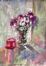 Flower Still Life Pastel Painting, Bouquet & Candle, 9x12 in Original Art Signed picture