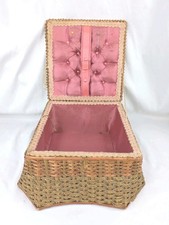 Vintage Wicker SEWING BASKET Pink Unusual Shape Satin Lined Lift Lid Pin Cushion picture