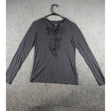 Ann Taylor LOFT Navy Polka Dot Ruffle V-Neck Long Sleeve Cotton Top Small picture