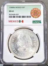 1948 MEXICO SILVER 5 PESOS S5P CUAUHTEMOC NGC MS 65 BEAUTIFUL GEM BU COIN picture