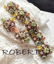 ROBERT: SIGNED 50'S PASTEL COLORED ENAMEL FLOWERS AB R/S BRACELET & EARRING SET picture