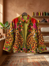 Boho Tiger Embroidered Jacket Women's Floral Folk Art Handmade Statement Coat picture